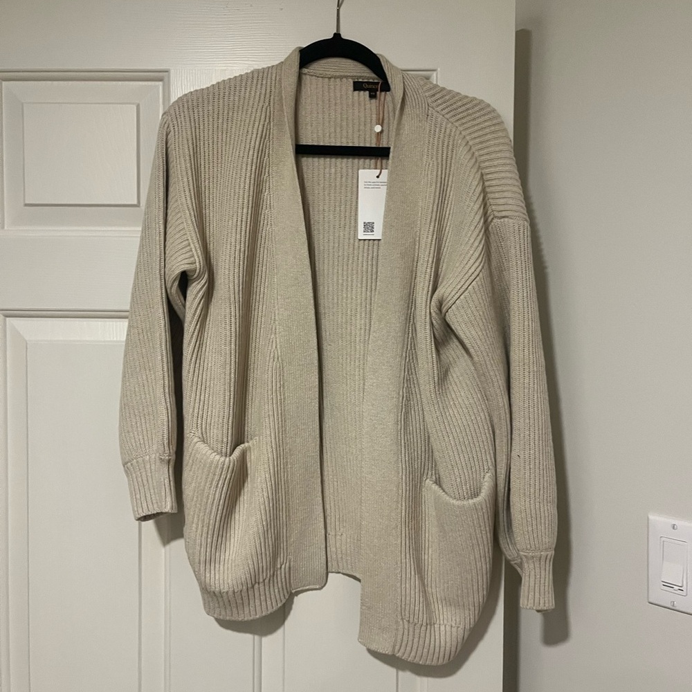 Quince Cream Open-Front Ribbed Cardigan with Pockets NWT